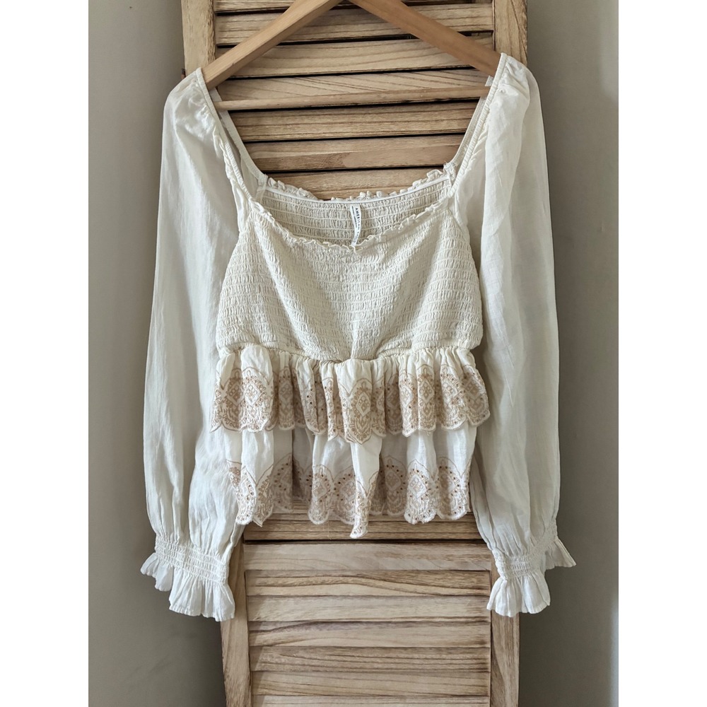 American Eagle Smocked Eyelet Ruffle Blouse Cream Tan Boho Long Sleeve L Boho